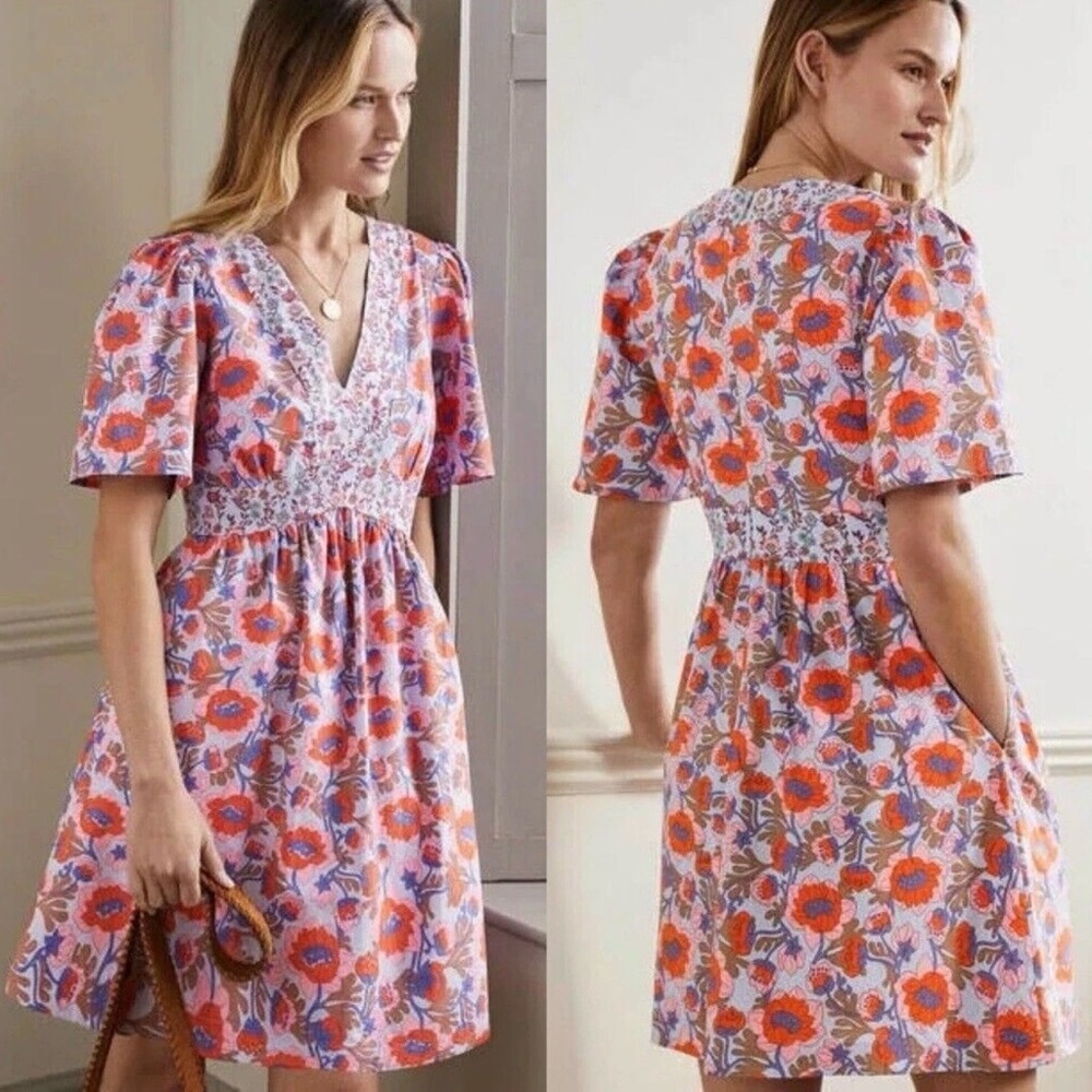NWT BODEN V-Neck Contrast Detail Dress Blue w red Floral size 4
